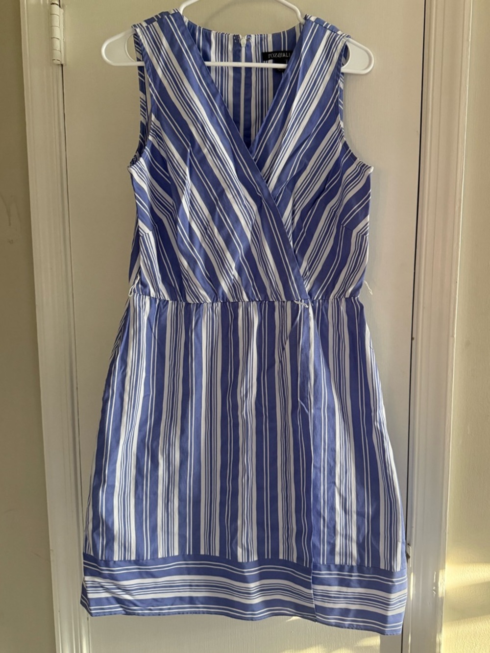 Roz & Ali Blue and White Striped Sleeveless Wrap-Style Midi Dress Size 10